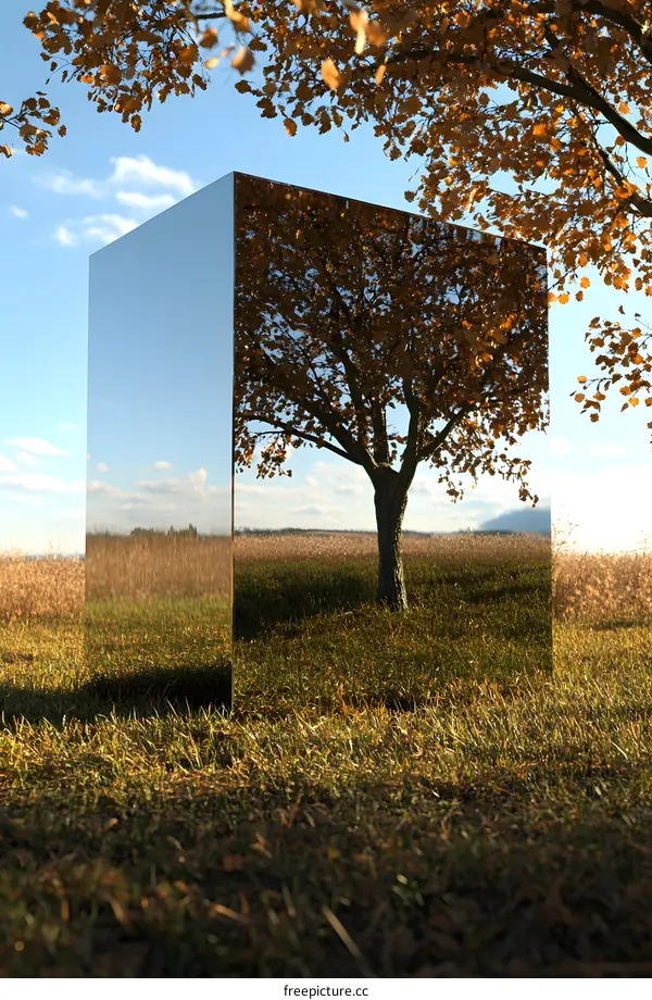 Reflective Cube in Field with Fall Colors