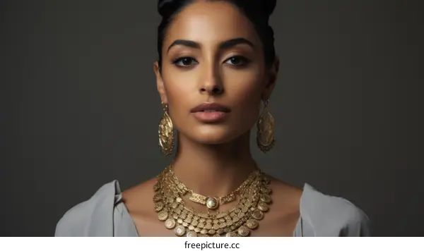 Portrait of a young woman wearing a traditional gold necklace and earrings.