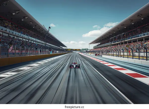 Formula One car racing down a track with grandstands full of spectators