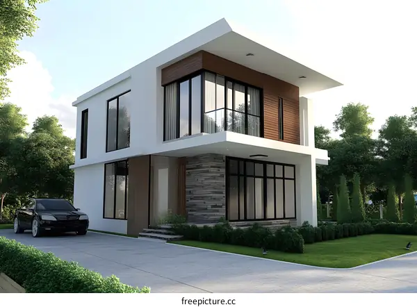 Modern Two Story House Design With Black Car In Front