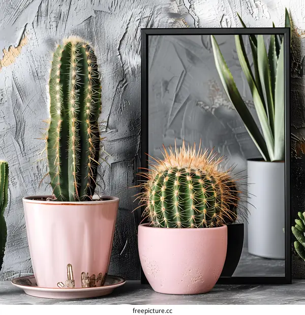 Cactus Plants in Pink Pots Against Gray Wall