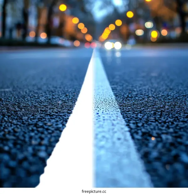 White line on black asphalt road with blurred city lights in the background