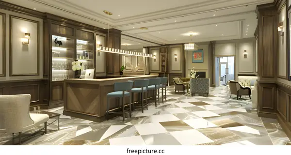 Modern Luxury Hotel Lobby Bar Design With Bar Stools and Elegant Decor