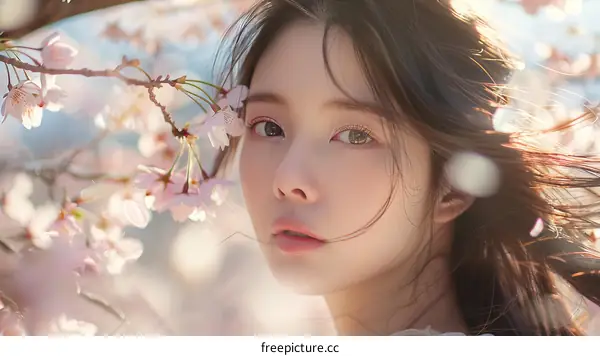 Portrait of a young woman standing in a field of cherry blossoms
