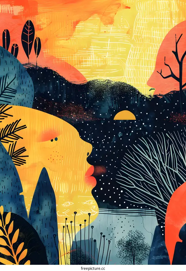 Two abstract faces in a colorful landscape