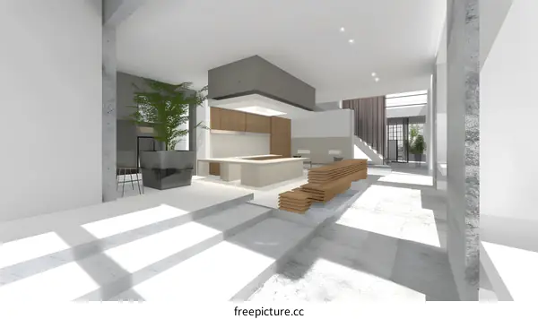 Modern Minimalist Interior Design with White Walls, Concrete Pillars and Wooden Elements