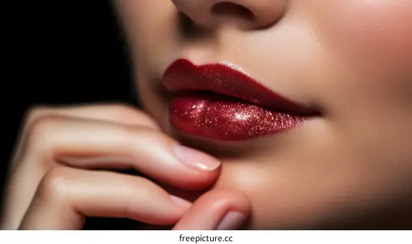 Close up of woman's lips with red glitter lipstick