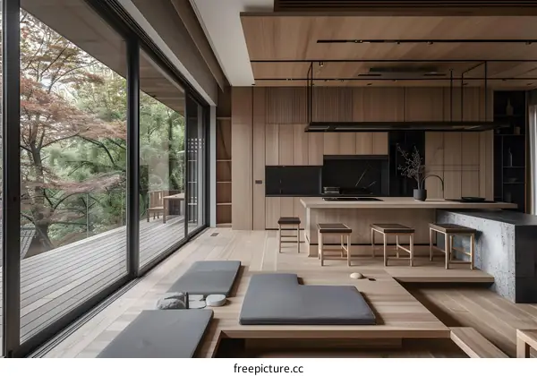 Modern Kitchen Interior Design With Wooden Flooring And Large Windows