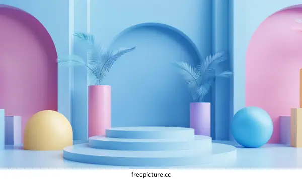 Surreal Blue and Pink Arrangement of Podium and Palm Leaves