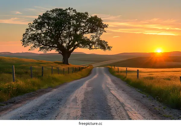 Country road at sunset with large tree beside it