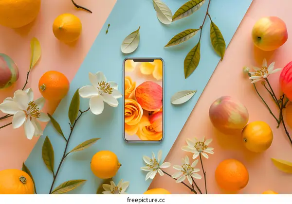 Flat Lay with Smartphone and Fruits and Flowers on a Pastel Background