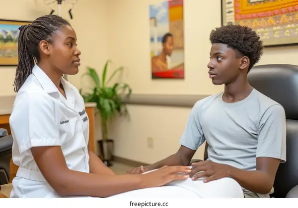 Young African-American female doctor talking to a young African-American male patient in a hospital