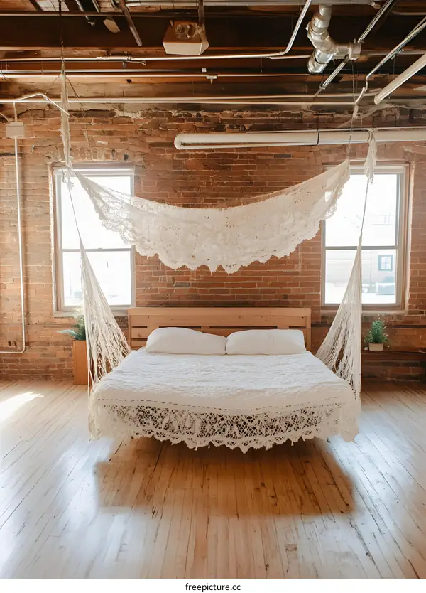 Modern Loft Bedroom with Hanging Bed and Lace Canopy