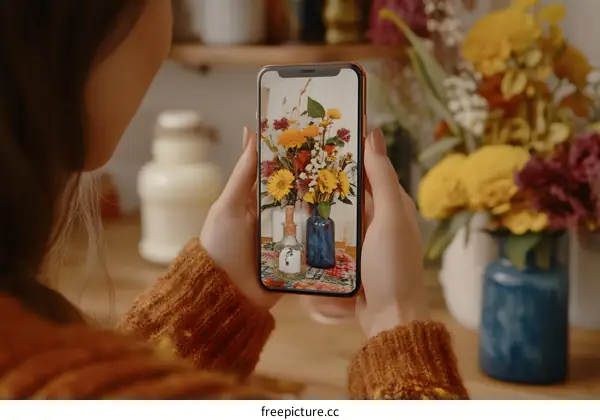 Woman Using Smartphone to Take Photos of Flowers
