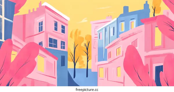 Colorful Illustration of a City Street with Buildings and Trees