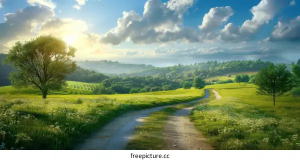 RuralDirtRoadwithCountrysideFieldsandTreesunderBlueSkywithCloud