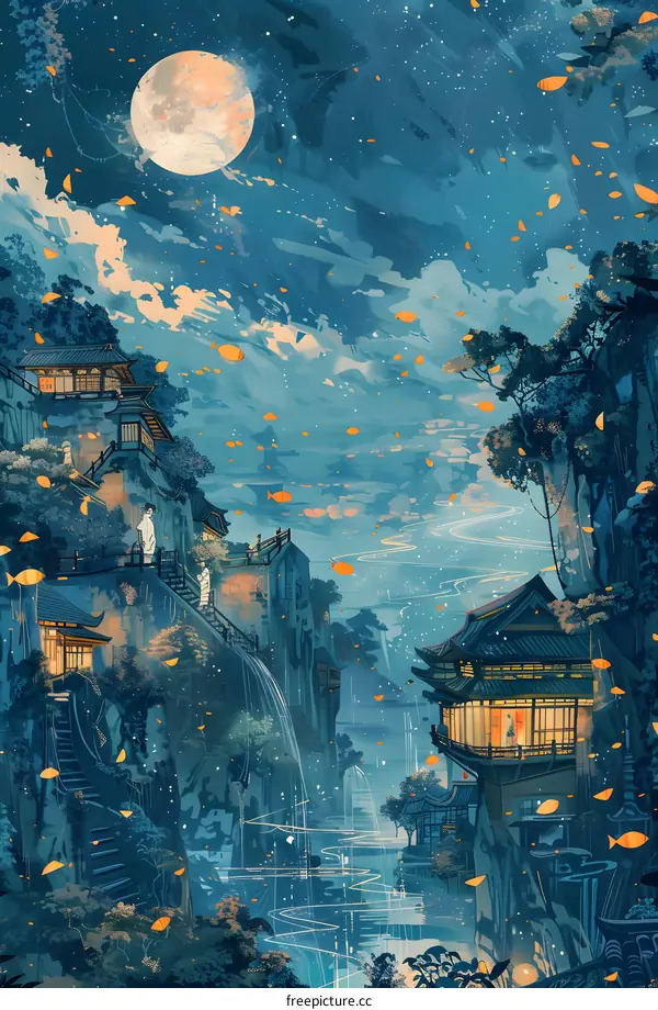 Fantasy Chinese Landscape with Full Moon and Falling Leaves