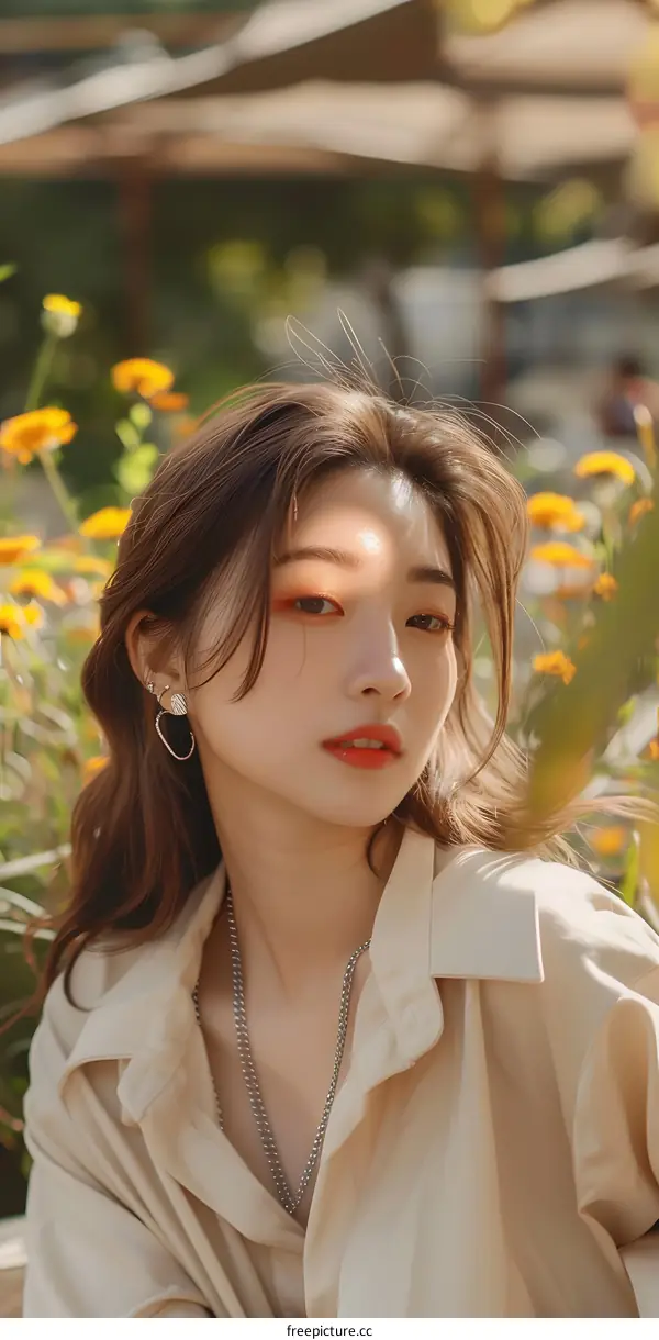 Portrait of an Asian Woman with Flowers in Background