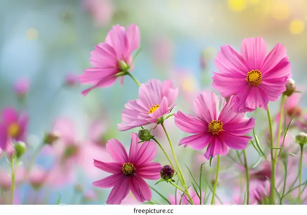 Closeup of Pink Cosmos Flowers in a Field