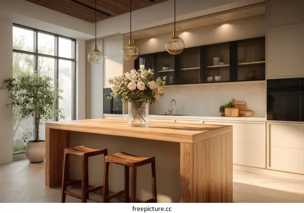 Modern Wooden Kitchen Island with Natural Light