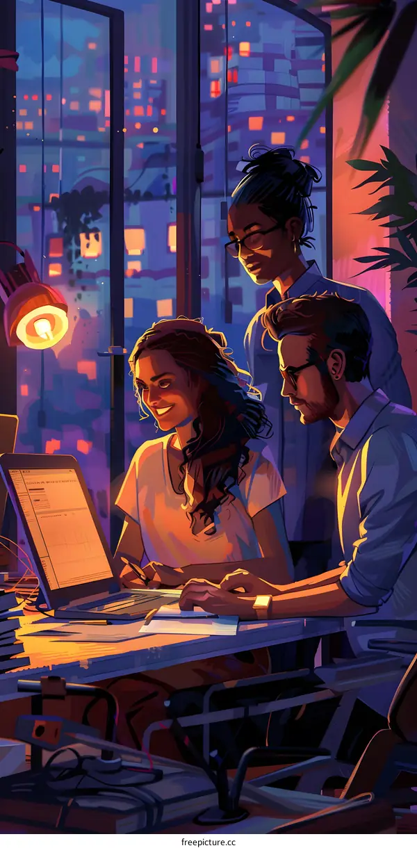 three people working together in an office at night