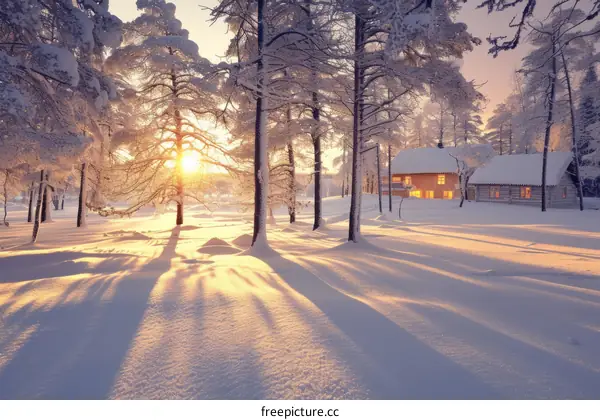 The sun shines through the snowy forest and洒落在小屋上
