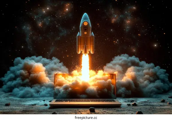 Space Launch from Laptop Rocket Ship Illustration