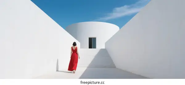 A Woman in Red Dress Walking Towards a Modern White Building