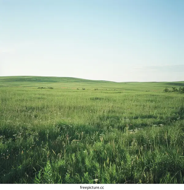 Tranquil Green Prairie Landscape with Rolling Hills and Blue Sky