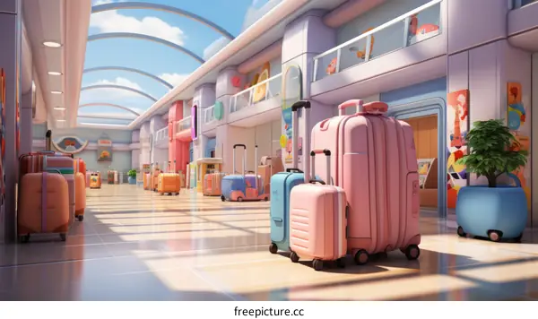 An illustration of an airport terminal with colorful suitcases