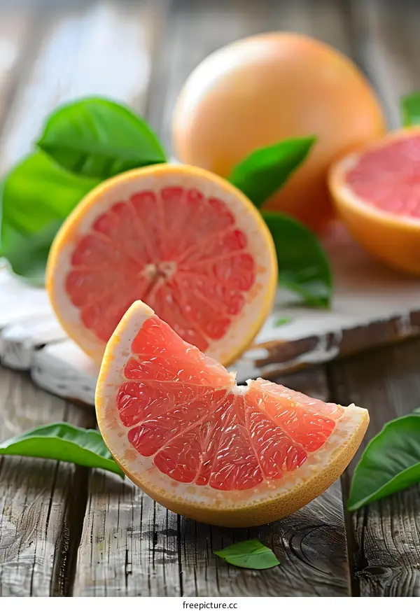 Closeup of Grapefruit Slices on Wooden Table