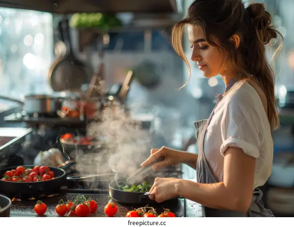 Female Chef Cooking Vegetables in a Commercial Kitchen