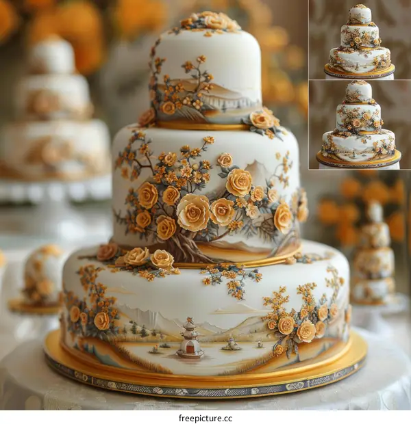 Three-tiered wedding cake with intricate Chinese-style山水画 and flower decorations