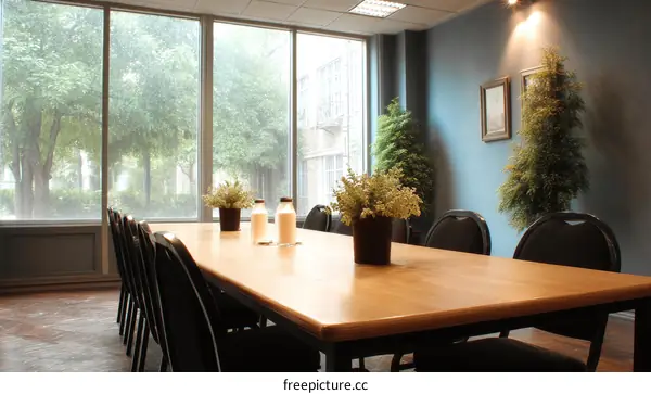 Long Wooden Table in a Meeting Room with Large Windows