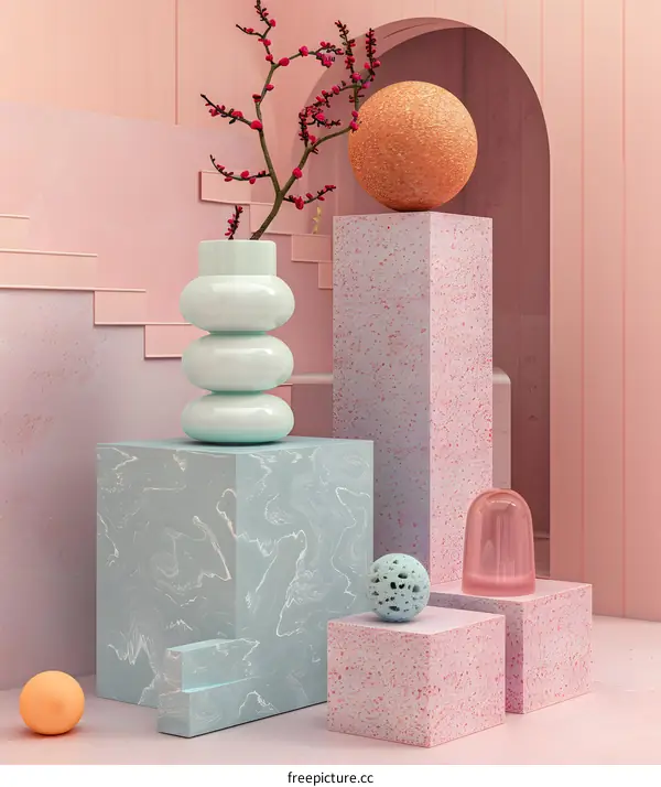 Abstract Still Life with Geometric Shapes and a Vase with Flowers