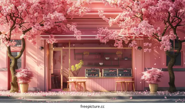 pink cafe storefront with cherry blossoms
