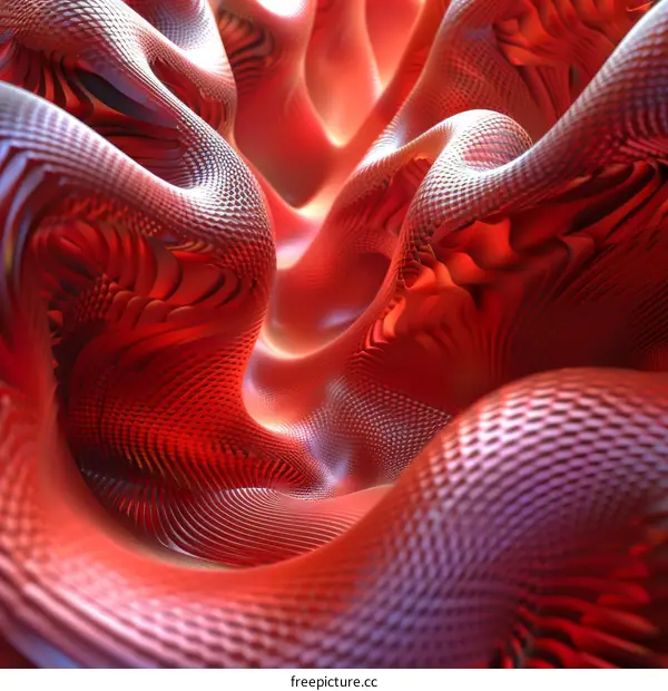 Red and pink abstract 3D rendering of a fluid shape with a shiny surface