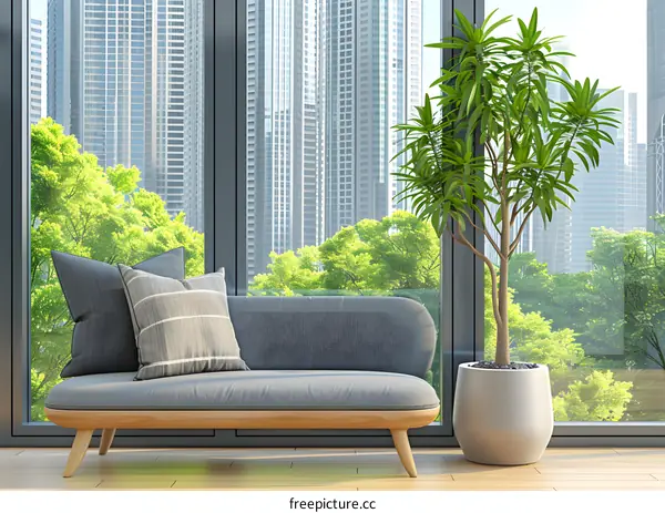 Modern Living Room with Sofa, Plant, and City View
