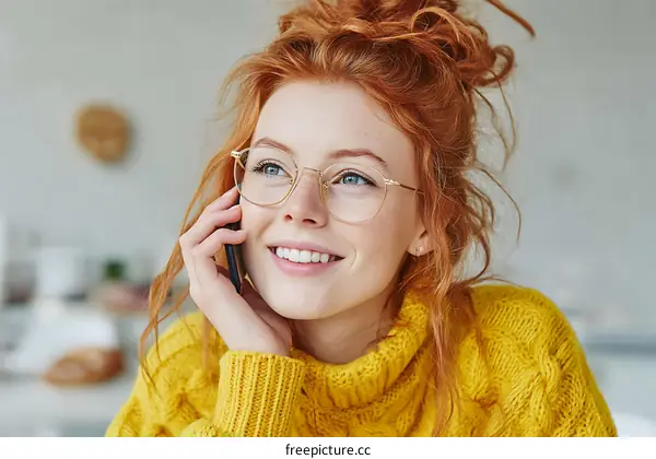 Smiling Woman Talking on the Phone in a Cozy Kitchen