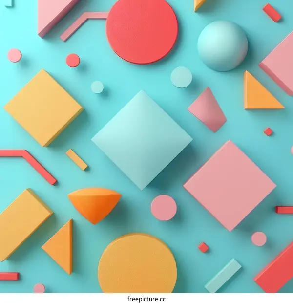 3D geometric shapes of various colors arranged on a blue background