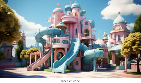 A whimsical and colorful playground with pink and blue structures