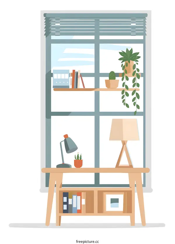 Desk with Shelf and Window Illustration