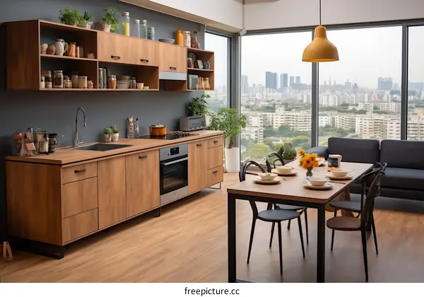Modern kitchen with large windows and a city view