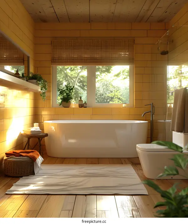 Bright yellow bathroom with large windows and a freestanding bathtub
