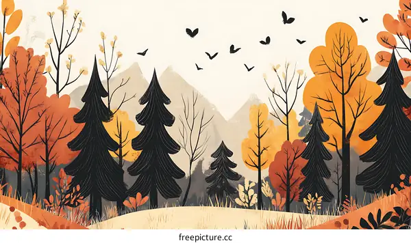 Autumn Forest Illustration with Birds Flying Over