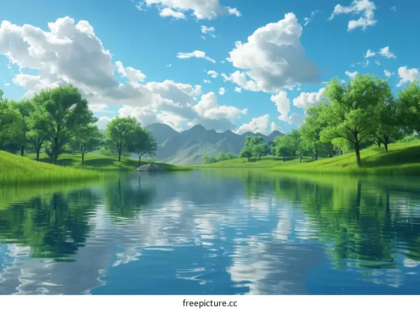 Mountain Lake with Distant Mountain Landscape under Blue Sky