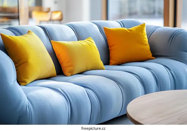 Modern Light Blue Sofa with Yellow Cushions