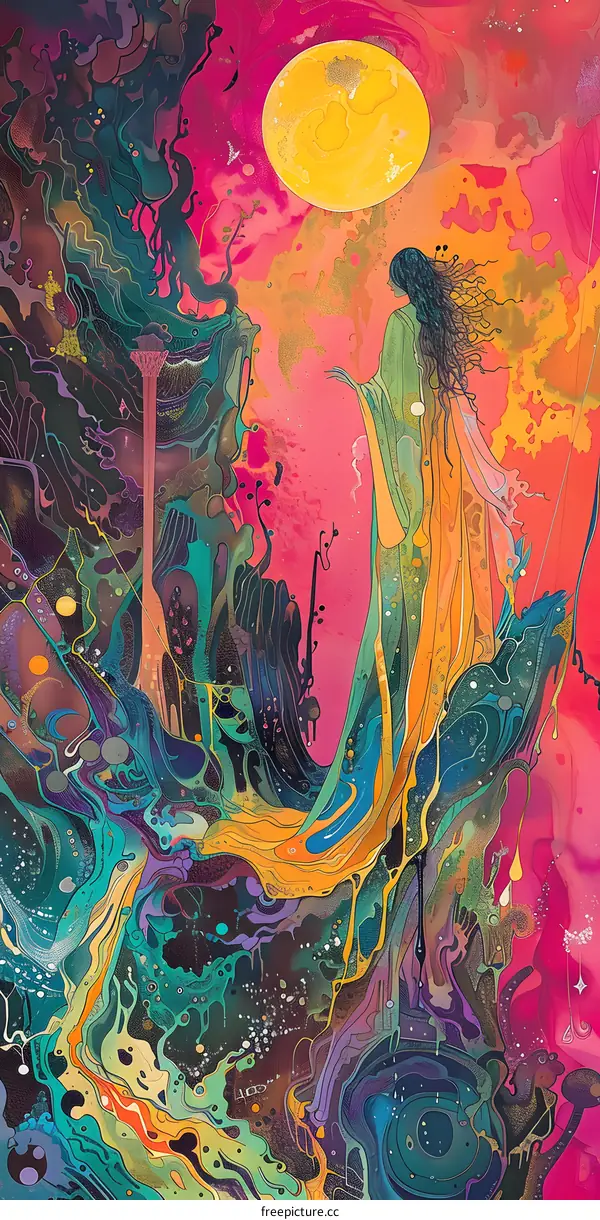 Woman in Abstract World with Moon