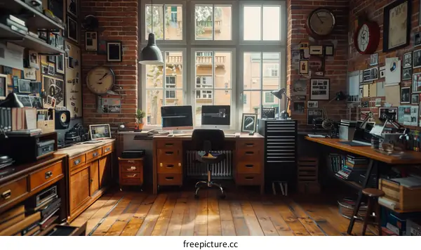 Retro photography studio with brick walls and large windows