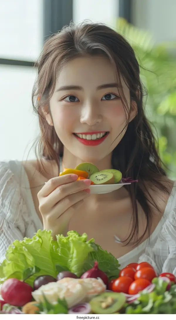 A young woman is eating a kiwi slice from a plate with chopsticks